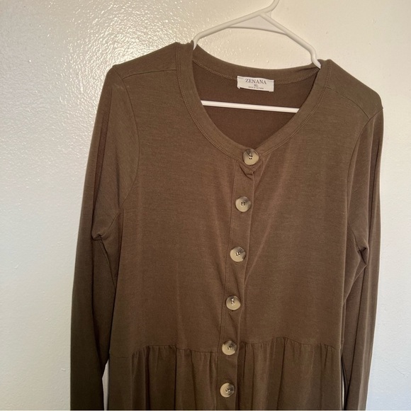Zenana Shirred Waist Buttoned Cardigan Olive Green - Picture 4 of 12